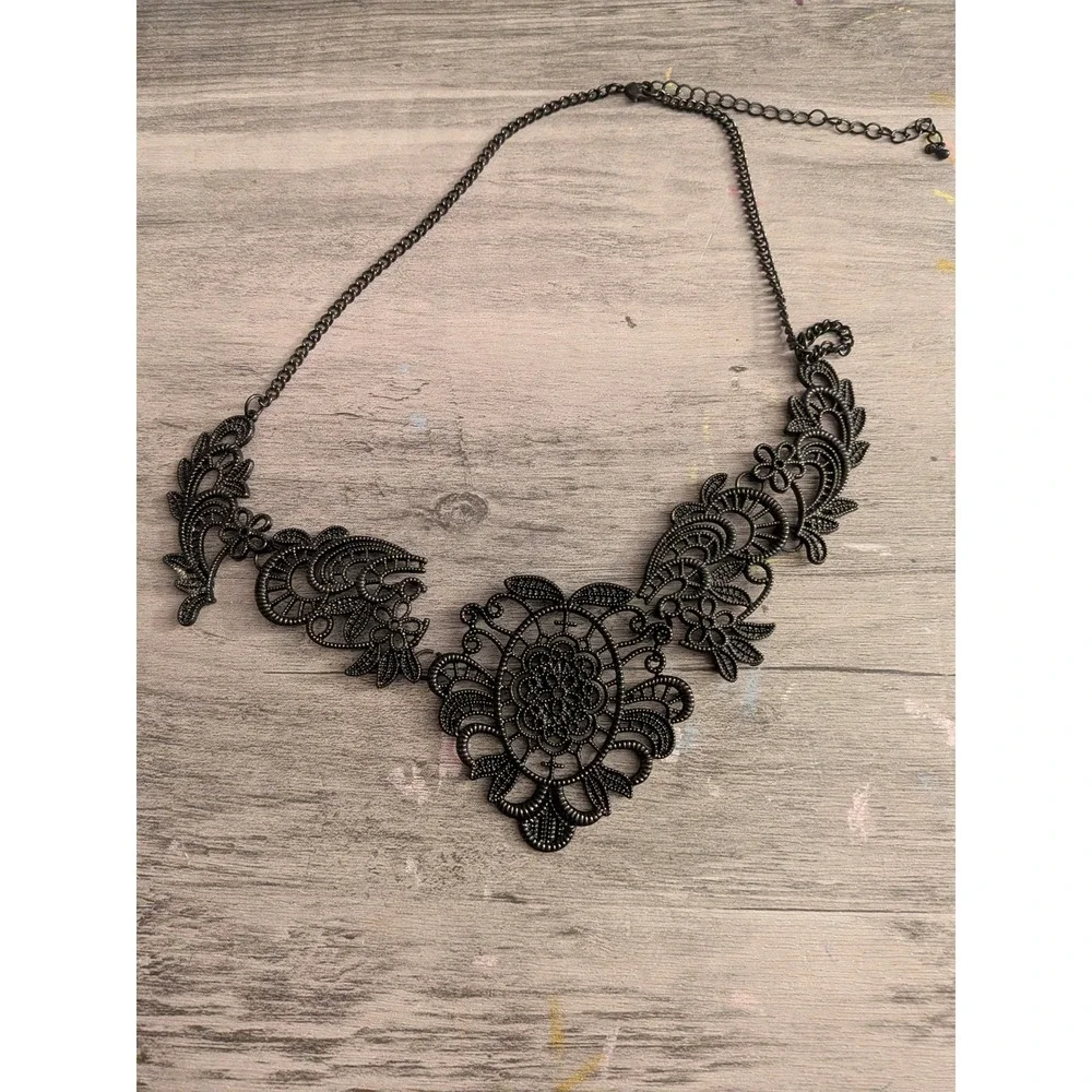 Black Filigree Bib Necklace Gothic Lace Style Statement Floral Metalwork